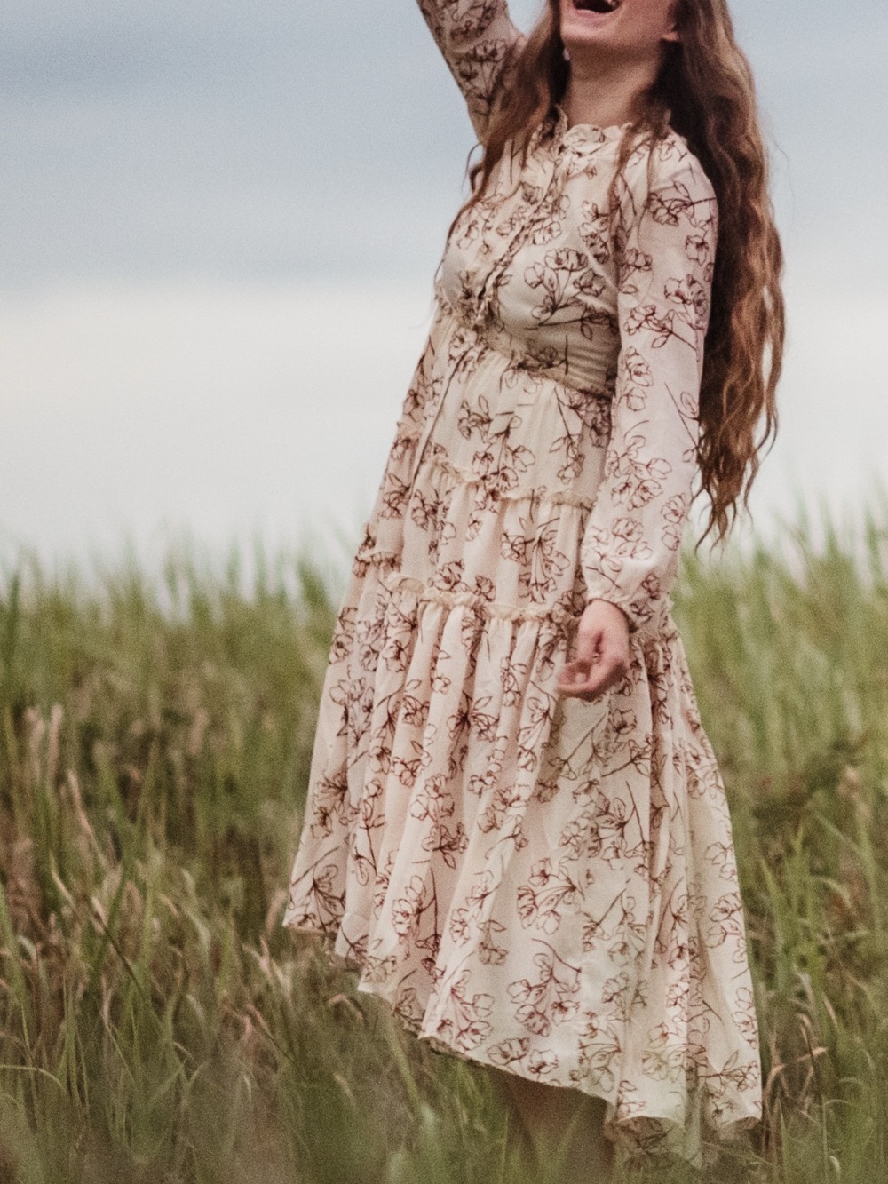 Ivy City Co Floral Tiered Long Sleeve Maxi Dress - Cream with Brown Floral